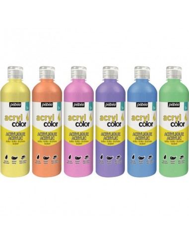 Carton de 6 flacons 500ml de peinture ACRYLCOLOR couleurs pastel assorties ou a consommer sur place